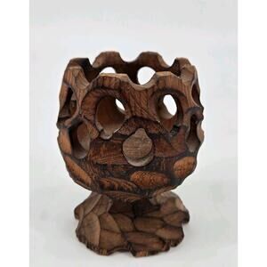 Vintage Hand Carved Brutalist Wooden Candle Holder